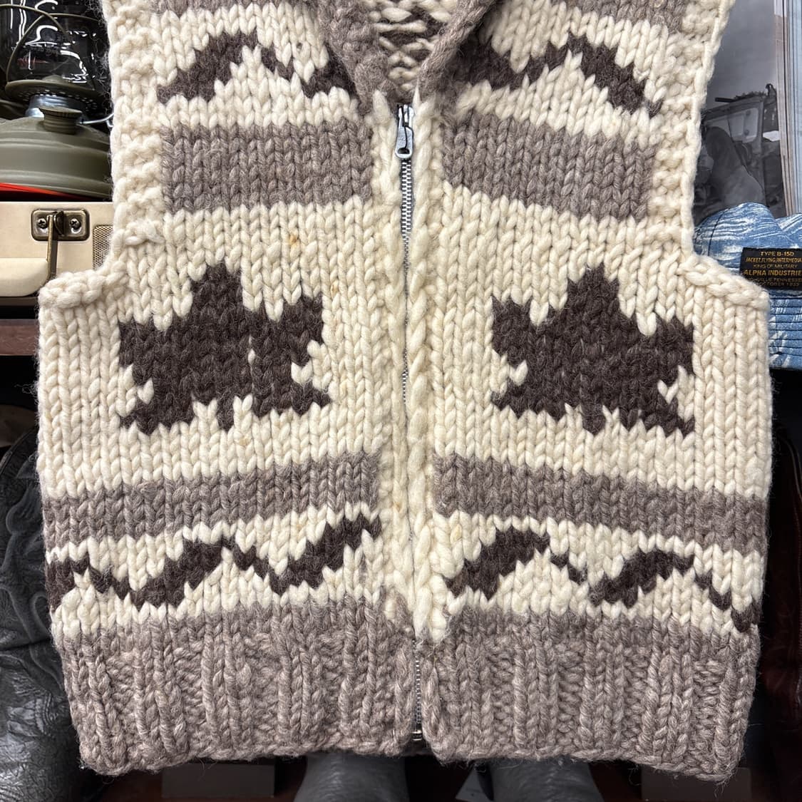 80s YKK 지퍼 단풍 썬더버드 패턴 헤비울 코위찬 베스트 N105 상품이미지4