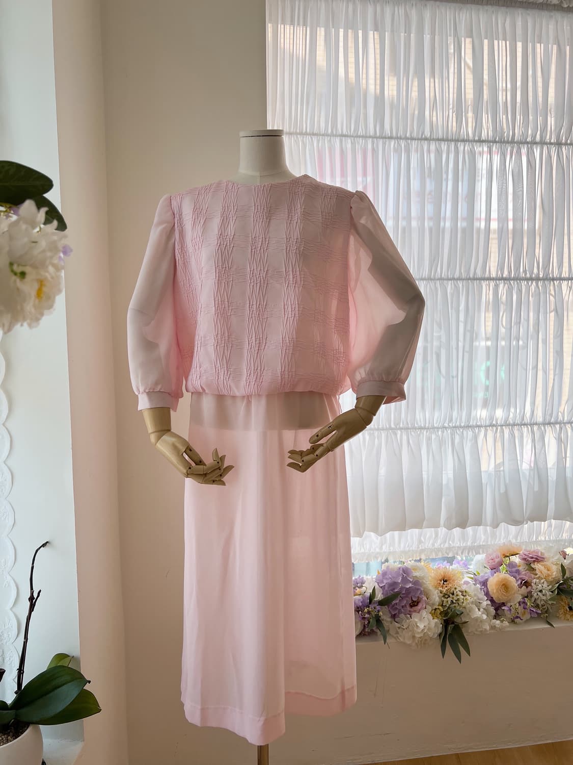 연핑크 셔링 시스루 폴리 원피스 상품이미지1