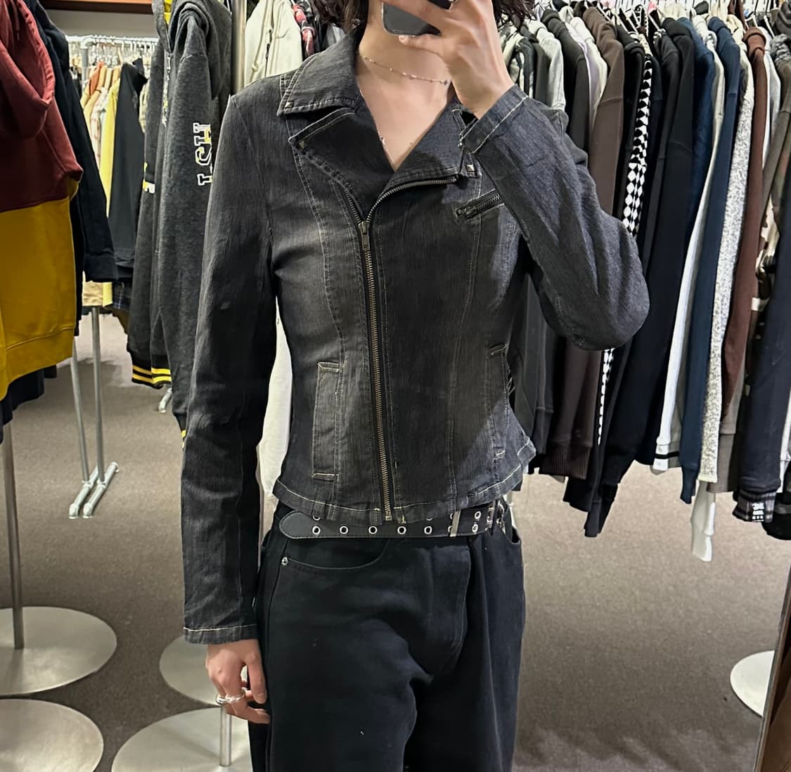 OS)Japanese vintage 여성 지퍼 흑청 트러커 데님자켓 상품이미지2