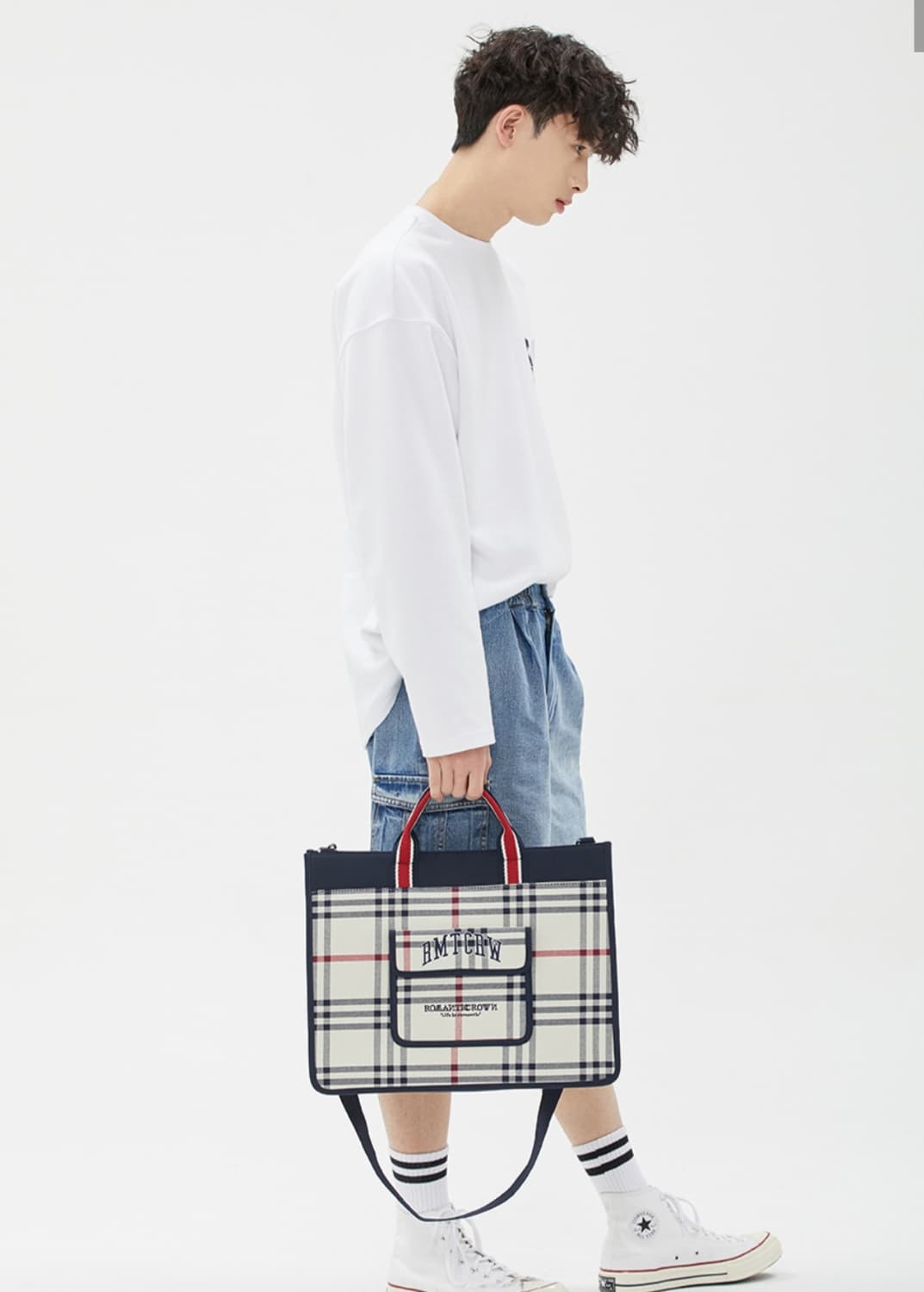 새상품, 단종) 로맨틱크라운 체크 쇼퍼백 크로스백 오트밀 상품이미지2