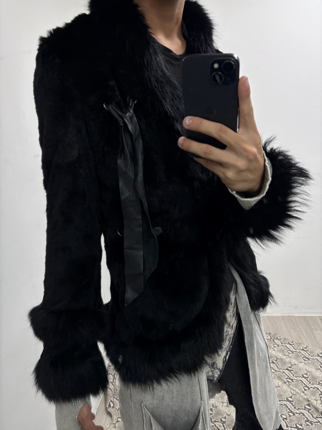 “Vintage” Rabbit Fur Trimming Leather De 상품이미지2