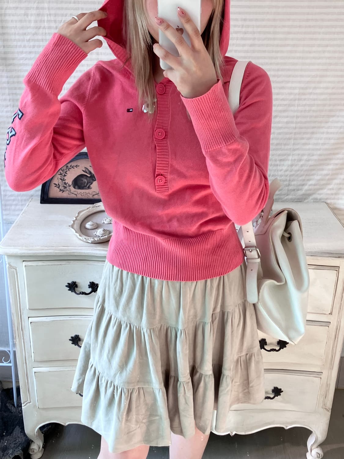 jpn vintage 타미걸 코랄핑크 버튼 후드 니트 상품이미지3