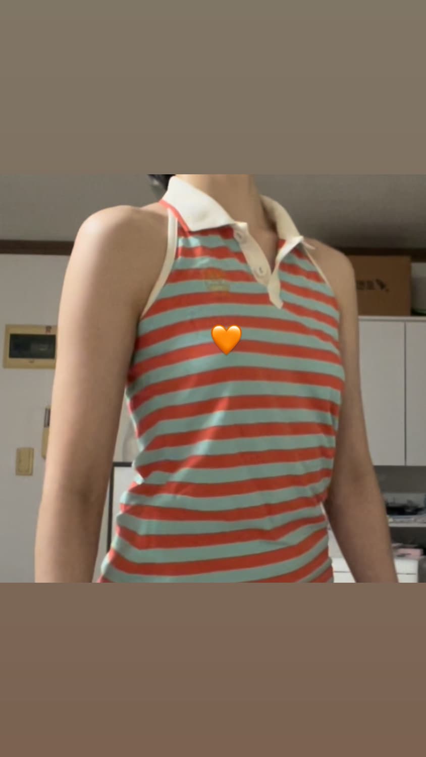 엘레쎄 홀터넥 카라 스트라이프 오렌지 골드글리터반짝이 나시 슬리브리스 상품이미지3