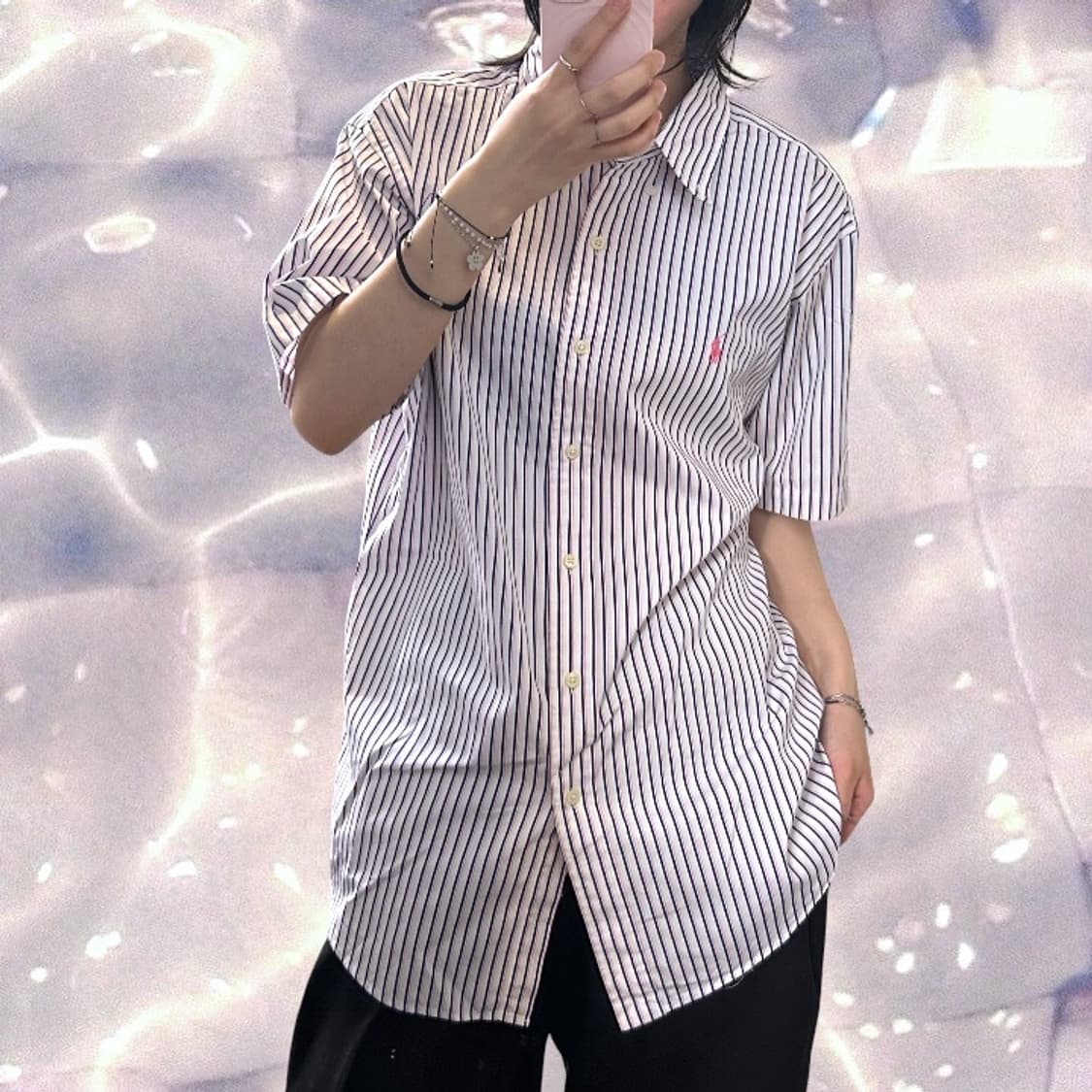 폴로 랄프로렌 스트라이프 반팔 셔츠 핑크 네이비  상품이미지2