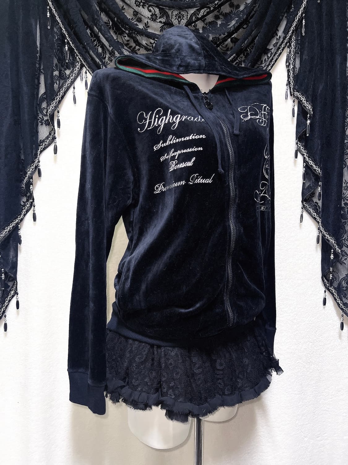 y2k 와투케 고스펑크 벨벳 레터링 후드집업 갸루 핀터 00s 일본빈티지 상품이미지4