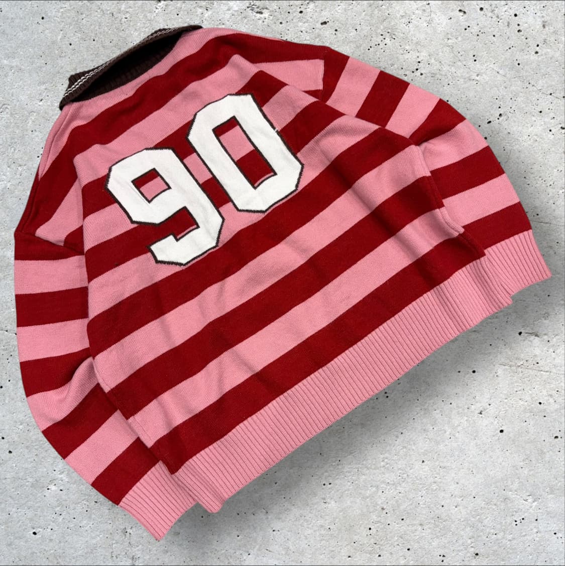 HEXAGON6 스트라이프 카라 니트 핑크 레드 C193 상품이미지2
