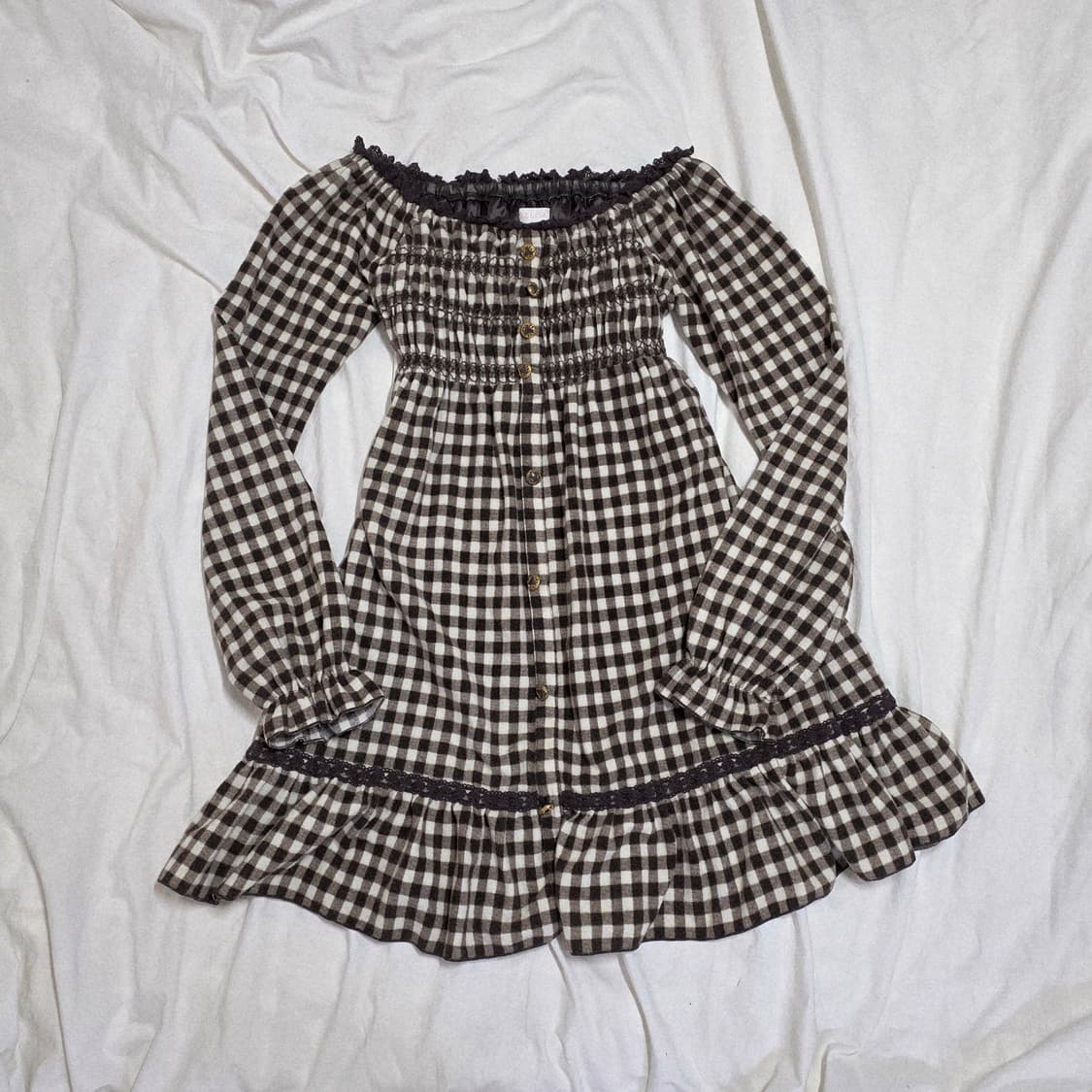 리즈리사 초코 브라운 체크 튜닉 오프숄더 원피스 히메갸루  트랄라라 상품이미지1