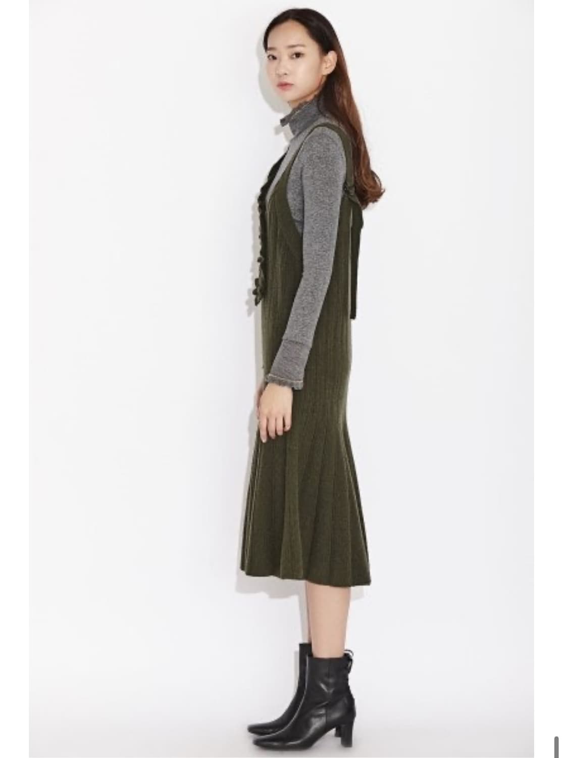 럭키슈에뜨 울 니트 프릴 롱원피스 F 카키 상품이미지2