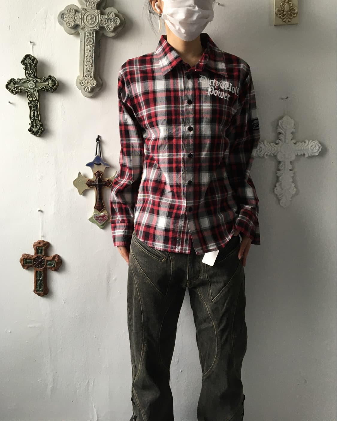Lettering printing check pattern shirt 상품이미지1