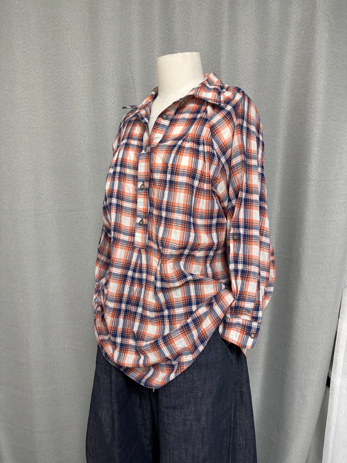  오렌지 믹스 체크 반오픈 오버사이즈 블라우스 상품이미지9