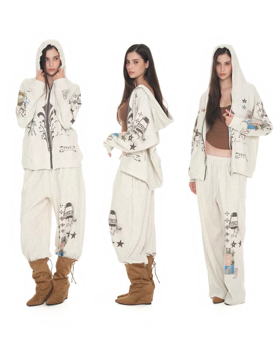 PRINTED WAFFLE ZIP-UP HOODIE (IVORY) 상품이미지2