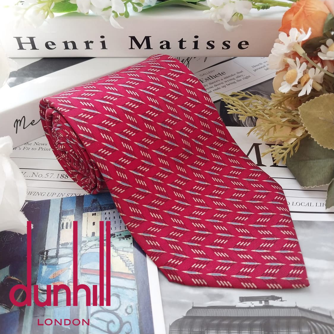 던힐 실크 레드 기하 패턴 넥타이 9.7cm A등급 K2501 상품이미지2