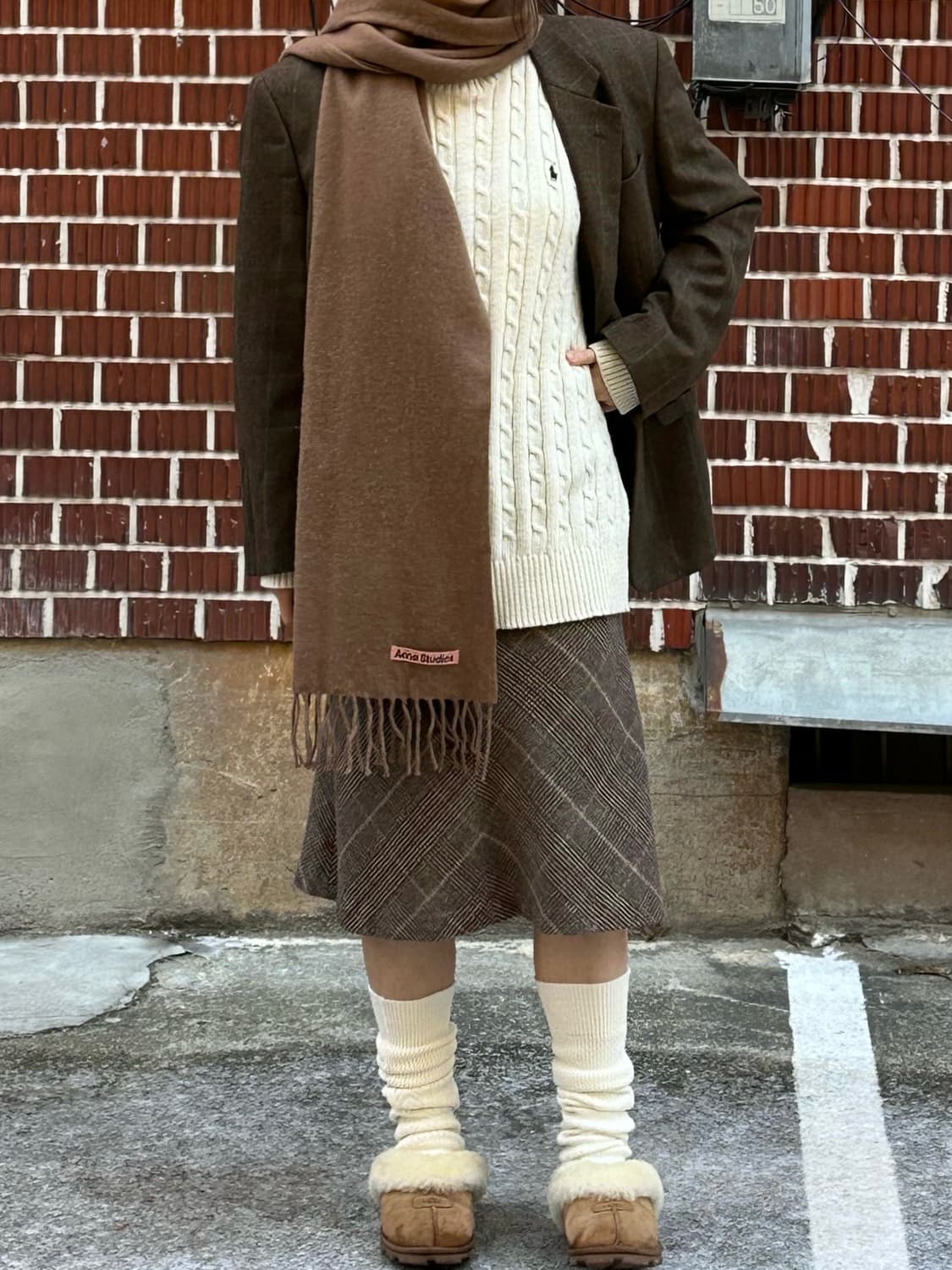 킨록앤더슨 자켓 폴로 케이블 니트 체크 미디 스커트 코디세트 상품이미지2