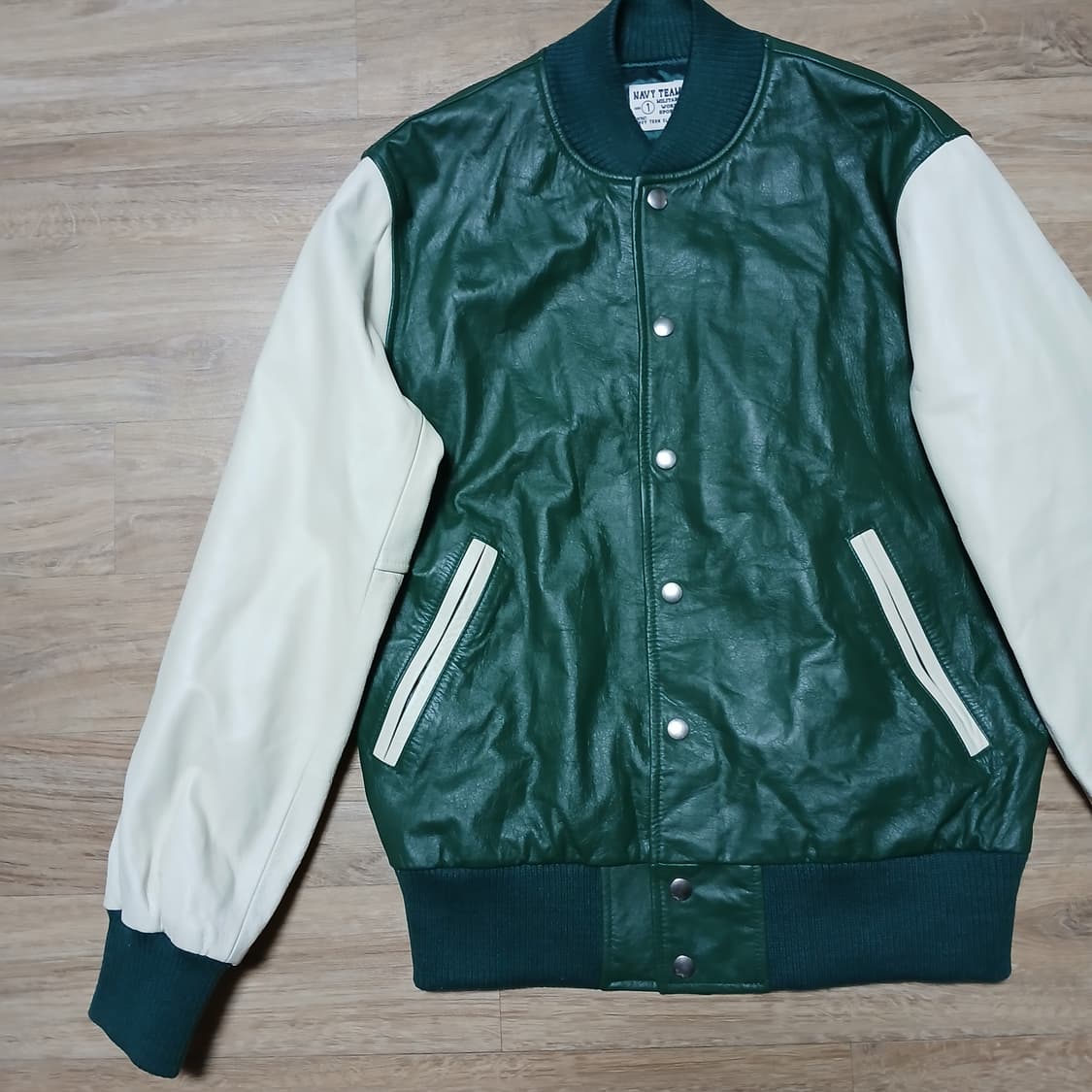 Navy team 네이비팀 소가죽 레더 바시티 자켓 상품이미지5
