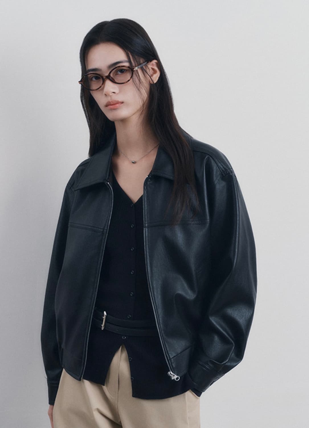 미쏘 블랙 레더 스탠카라 자켓  상품이미지1