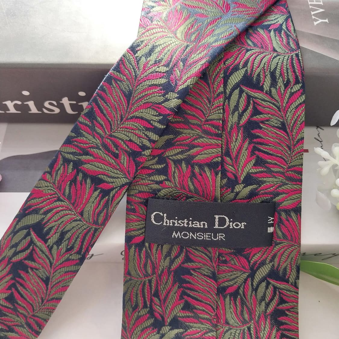 크리스찬 디올 실크 네이비 리프 자카드 넥타이 9cm A+등급 K1871 상품이미지6