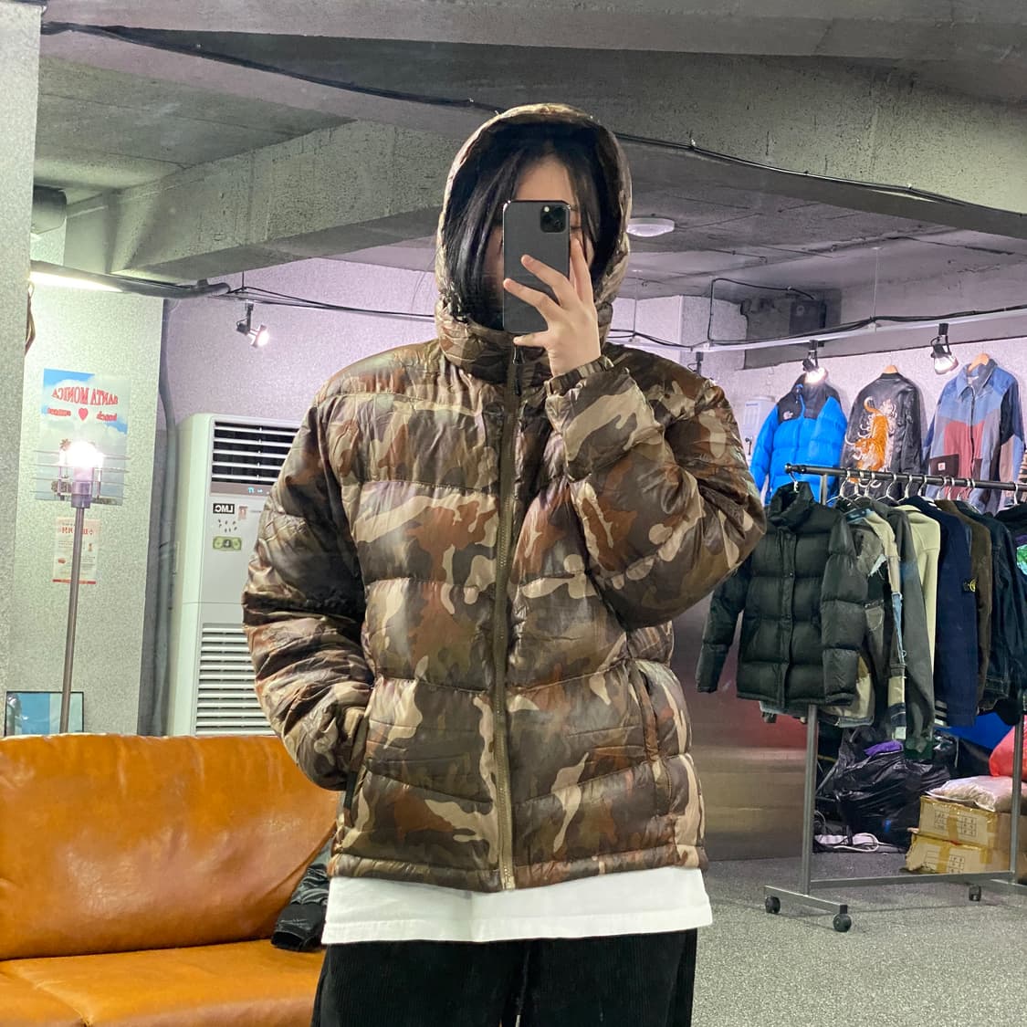 컬럼비아 카모플라주 패턴의 후디드 푸퍼 패딩 B3909 상품이미지1