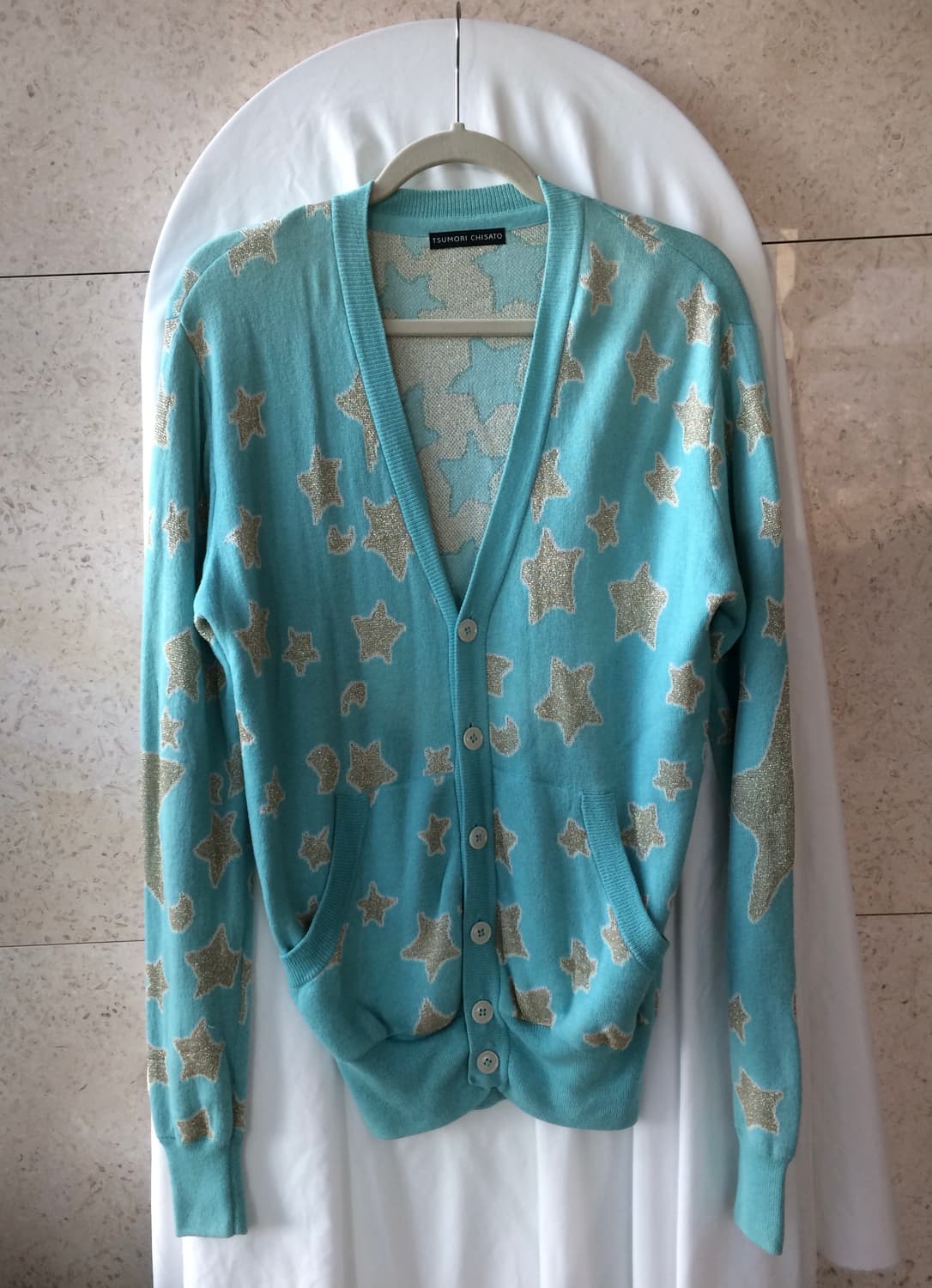츠모리 차사토 은실 반짝반짝 고양이 별 무늬 캐시미어 니트 가디건 상품이미지1