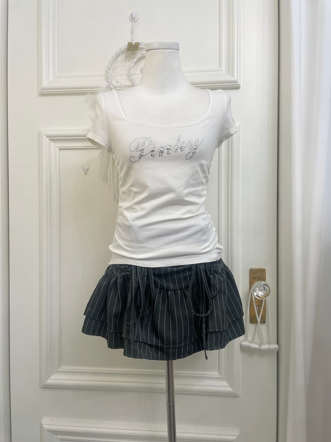 charcoal stripe shirring bow mini skirt 상품이미지6