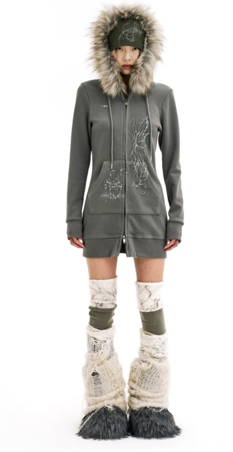 허그유어스킨 퍼 롱 후드집업(카키) 상품이미지2