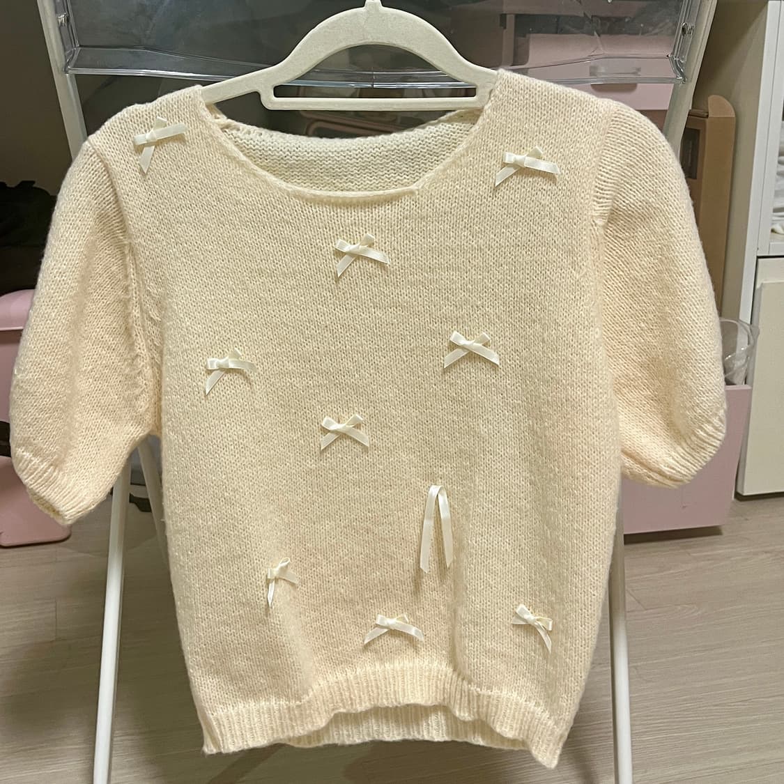 살구색 리본 반팔니트 상품이미지2