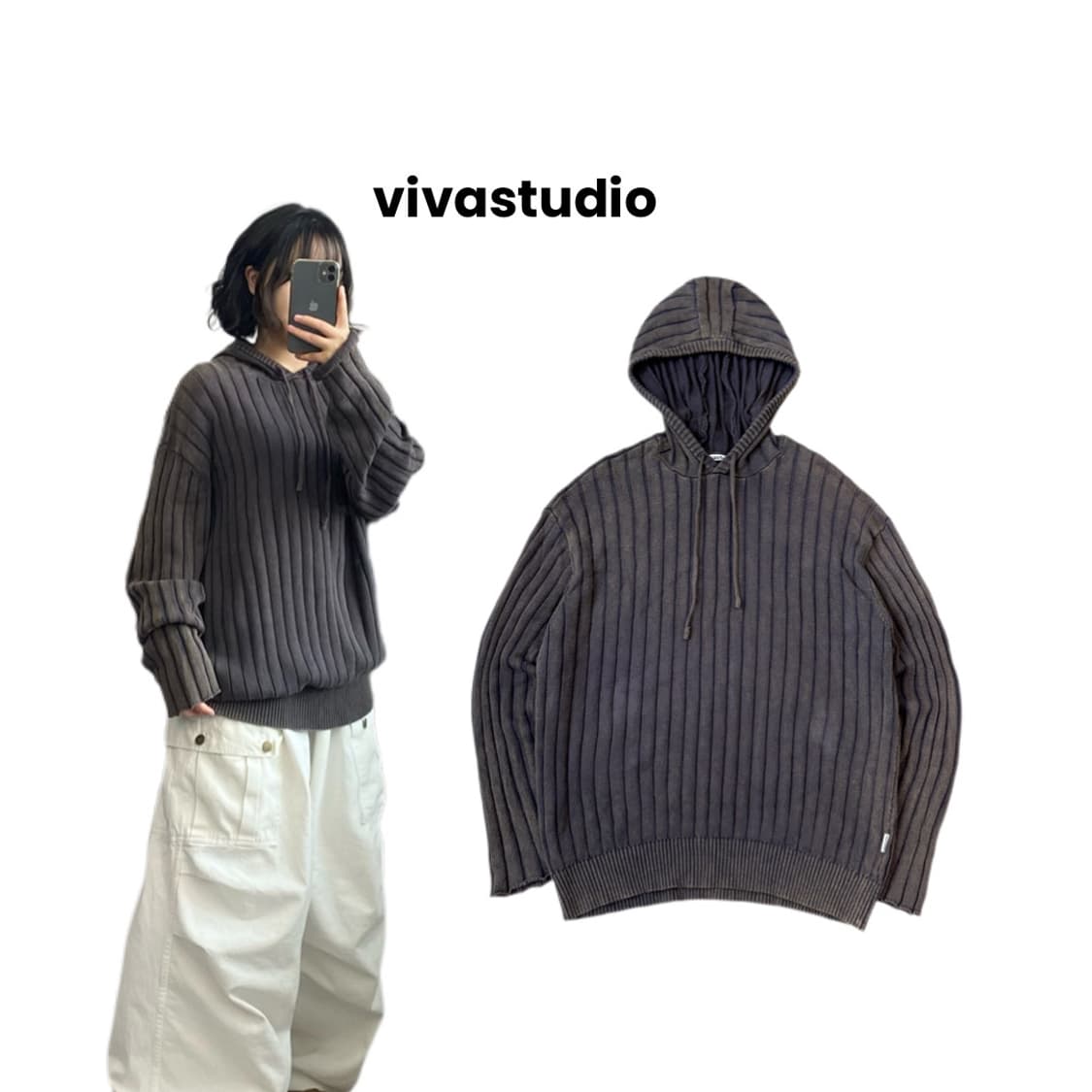 비바스튜디오 워싱 그런지 후드 니트 상품이미지1