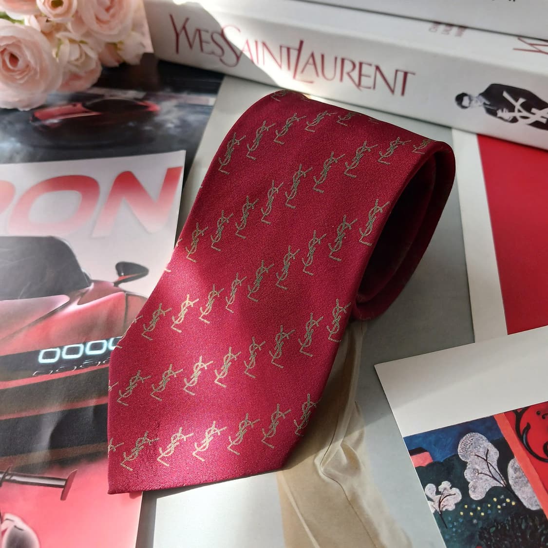 입생로랑 실크 레드 로고 패턴 슬림 넥타이 7.8cm B등급 A18867 상품이미지2