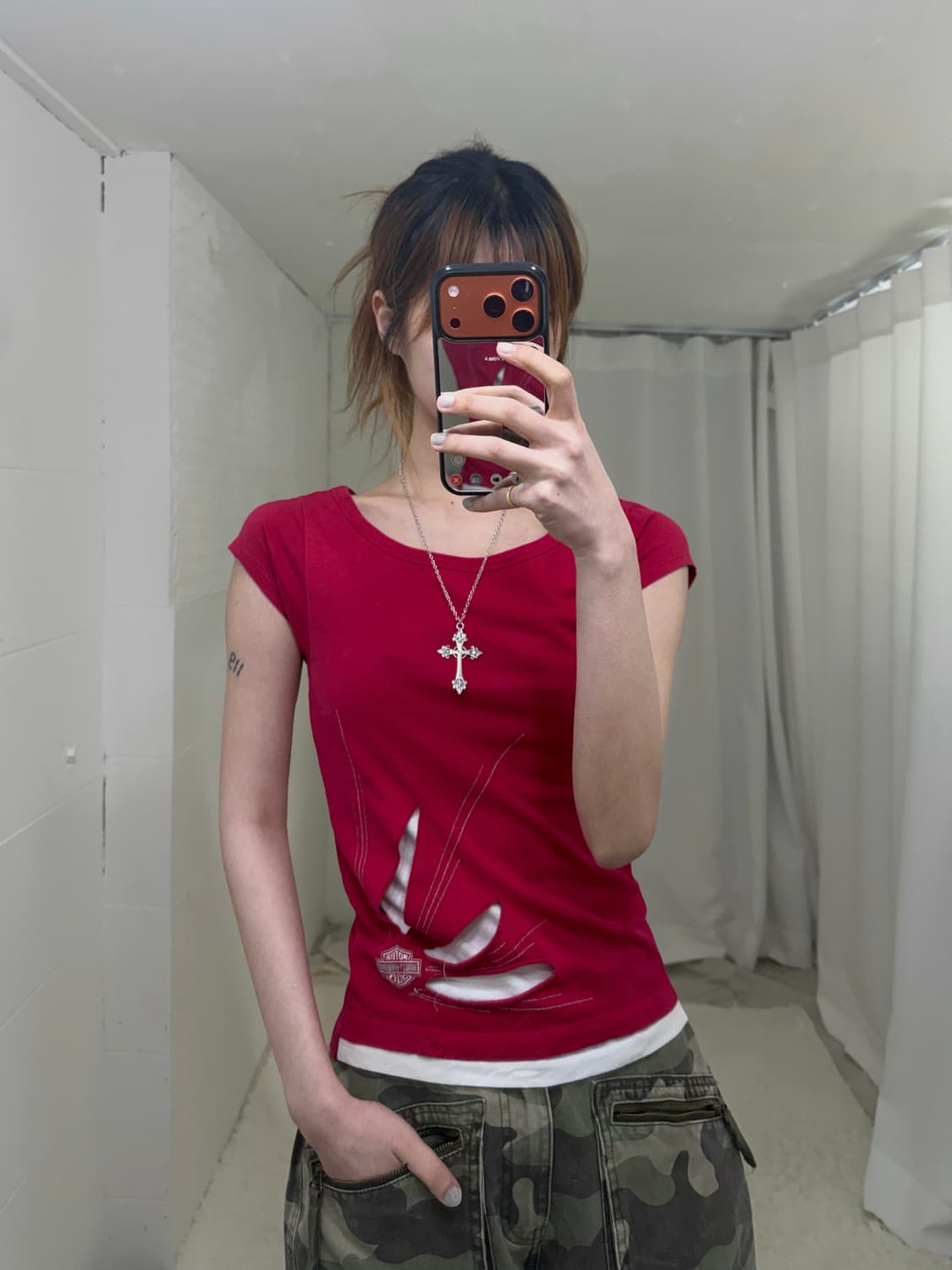 할리데이비슨 컷아웃 디테일 마젠타 핑크 딱붙 크롭 반팔티셔츠 상품이미지1