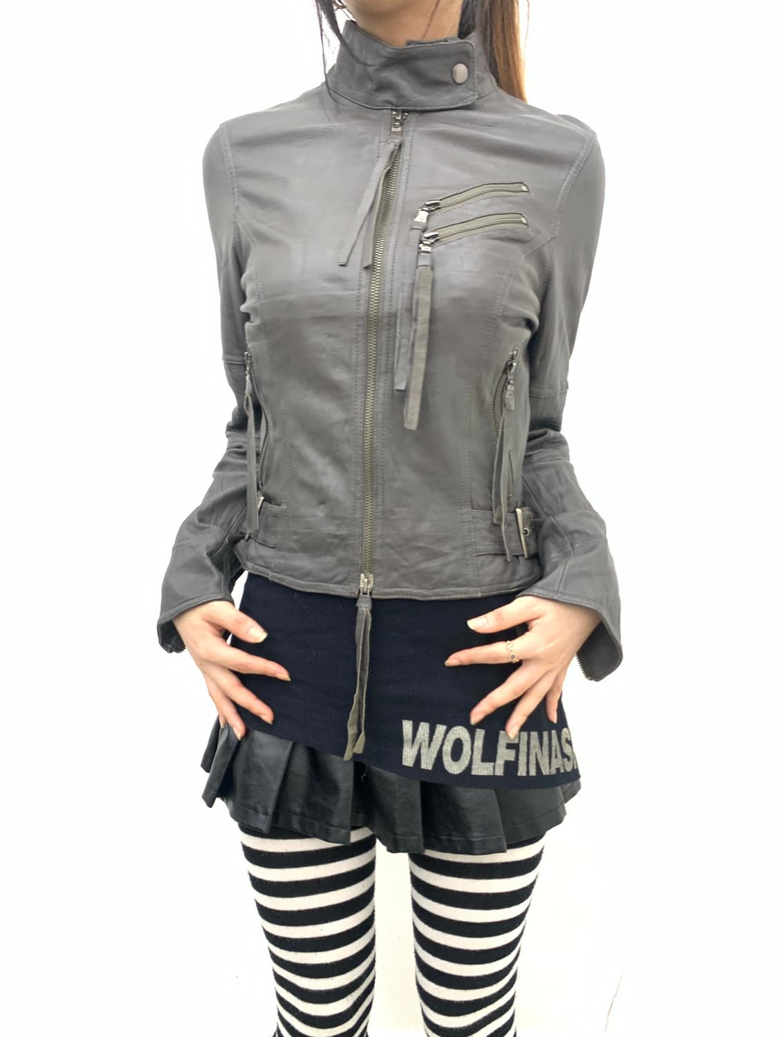 Ash gray leather fringe lambskin jacket  상품이미지3