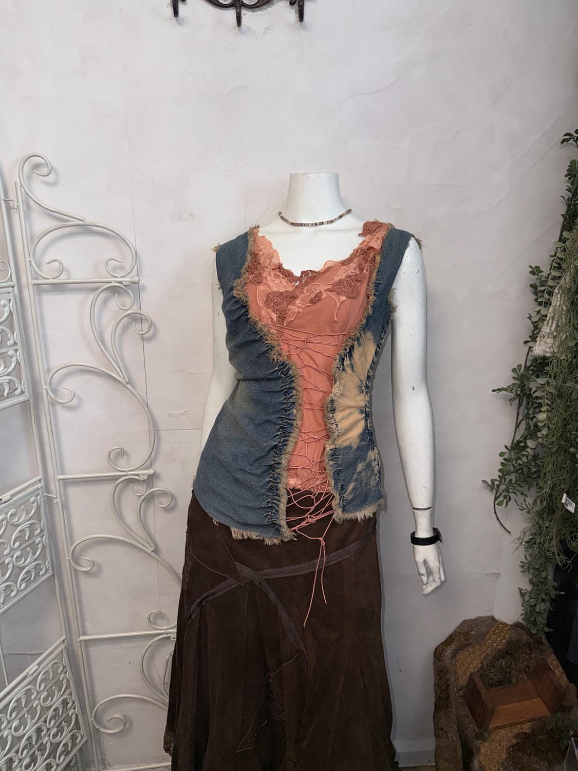 Washing denim shirring laceup sleeveless 상품이미지5