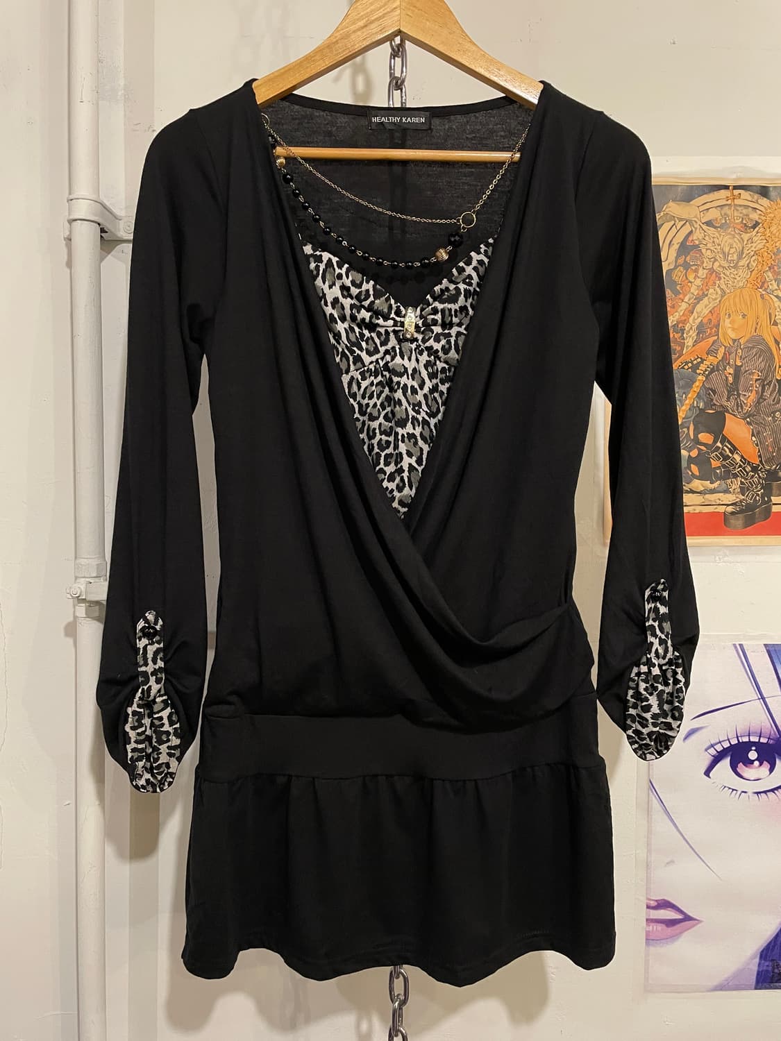 레오파드 패턴 체인 레이어드 블랙 원피스 갸루 상품이미지4