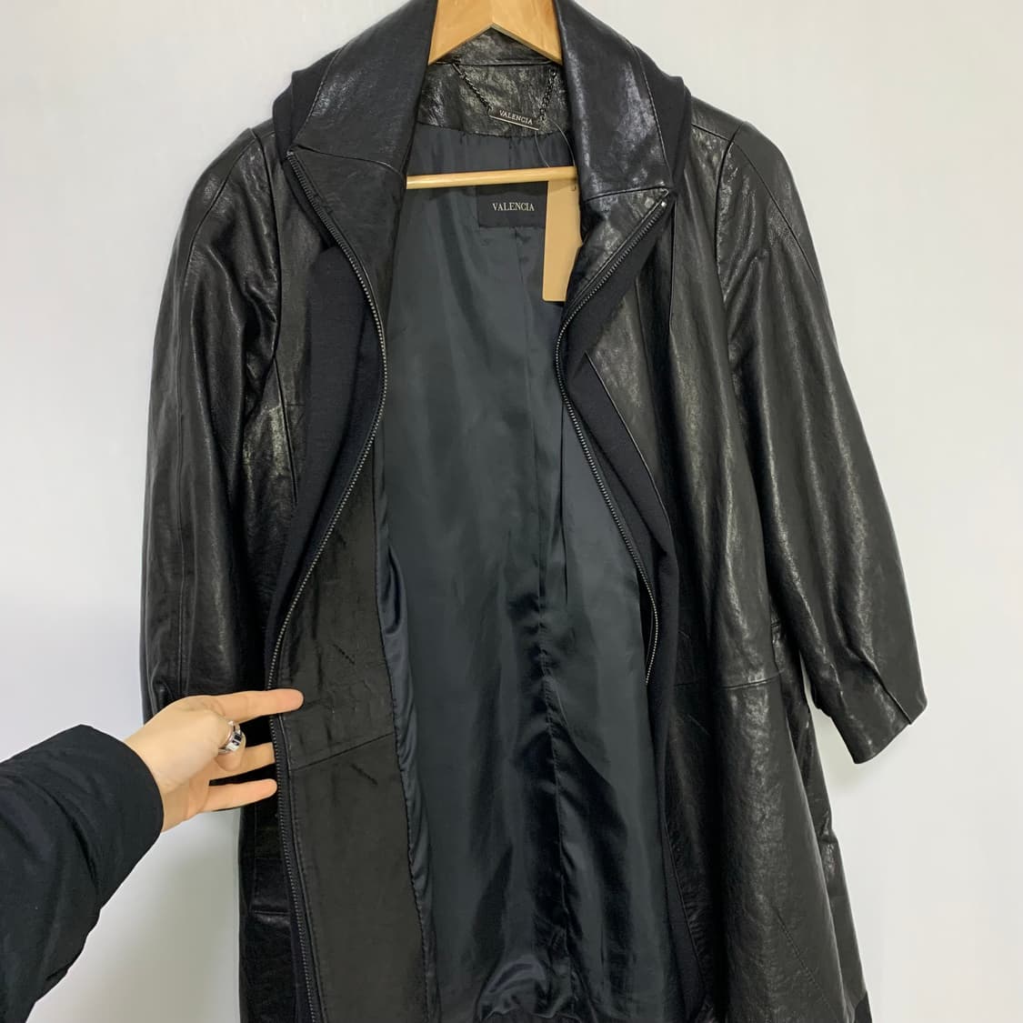 빈티지 블랙 리얼레더 후드st 집업 배색 롱 양가죽자켓 남녀공용 하프코트 상품이미지4