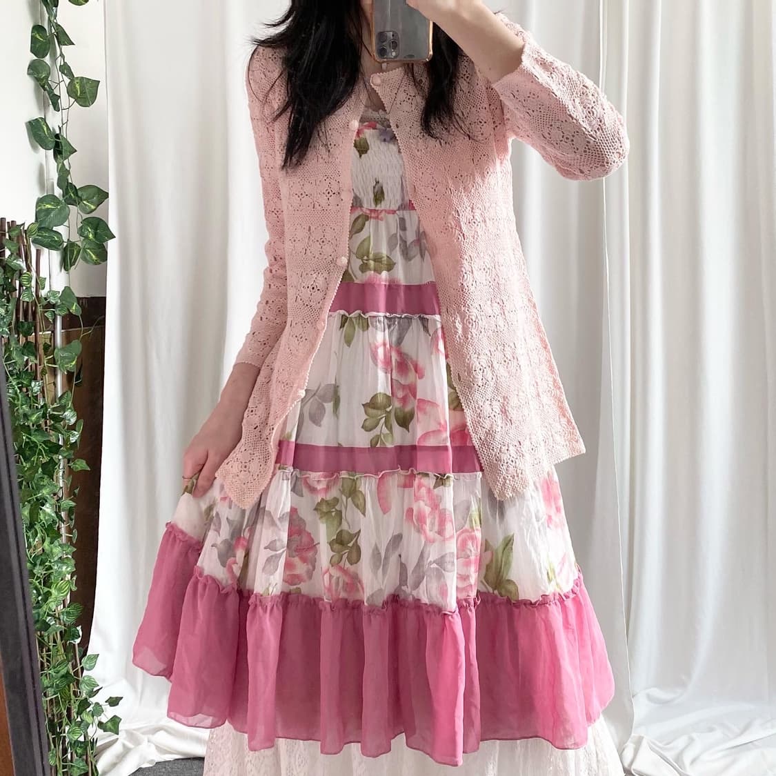 핑크 플라워 쉬폰 패치 원피스 상품이미지2