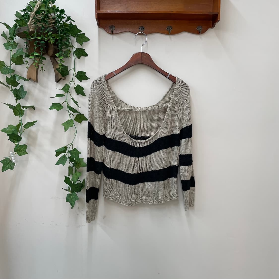 페어리그런지 보헤미안 y2k 여리 스트라이프 백오픈 크롭 니트 상품이미지4