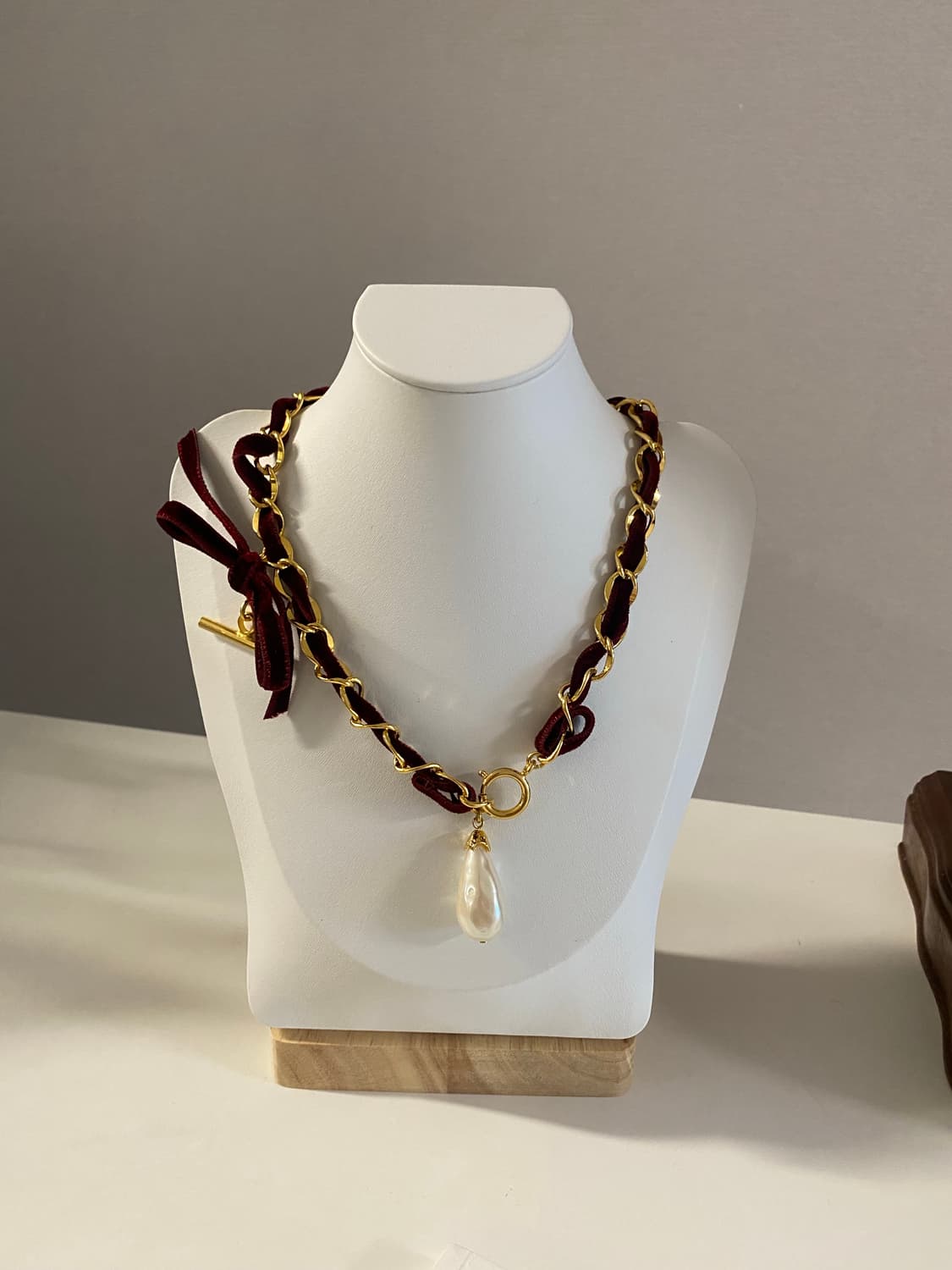 빈티지 버건디 벨벳 리본 진주 초커 상품이미지5