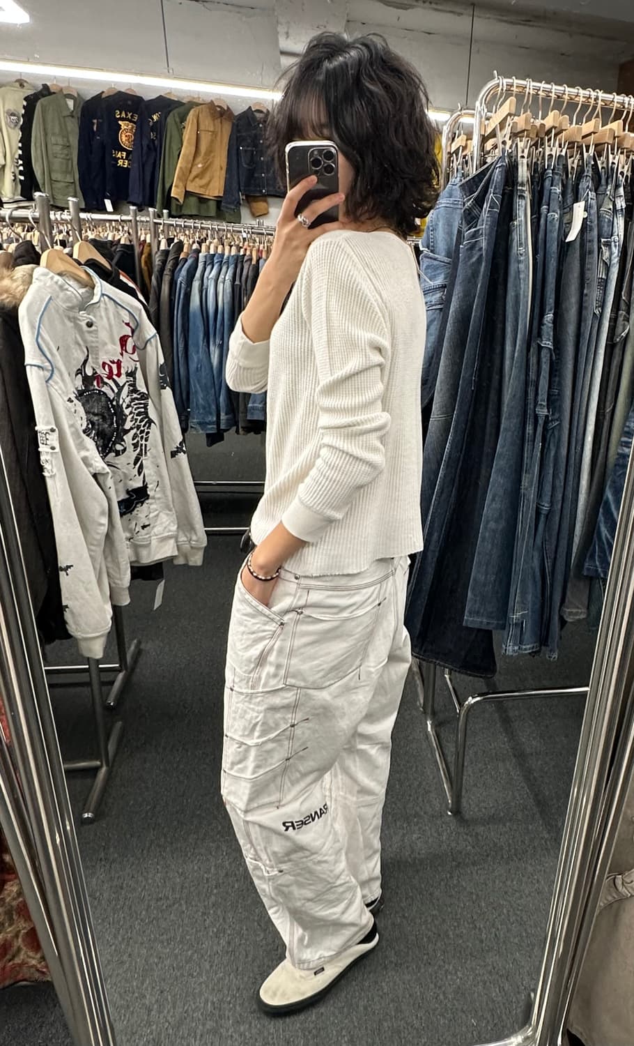 2L)Transer 빈티지 더블니 사이드포켓 화이트 힙합팬츠 상품이미지1