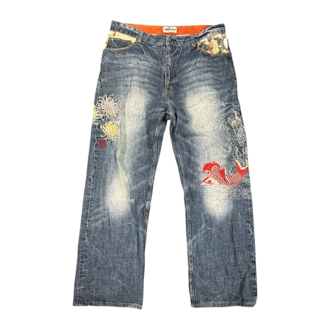 2XL) 카라쿠리 타마시 잉어&국화 자수 와이드 데님팬츠 BD-071 상품이미지1