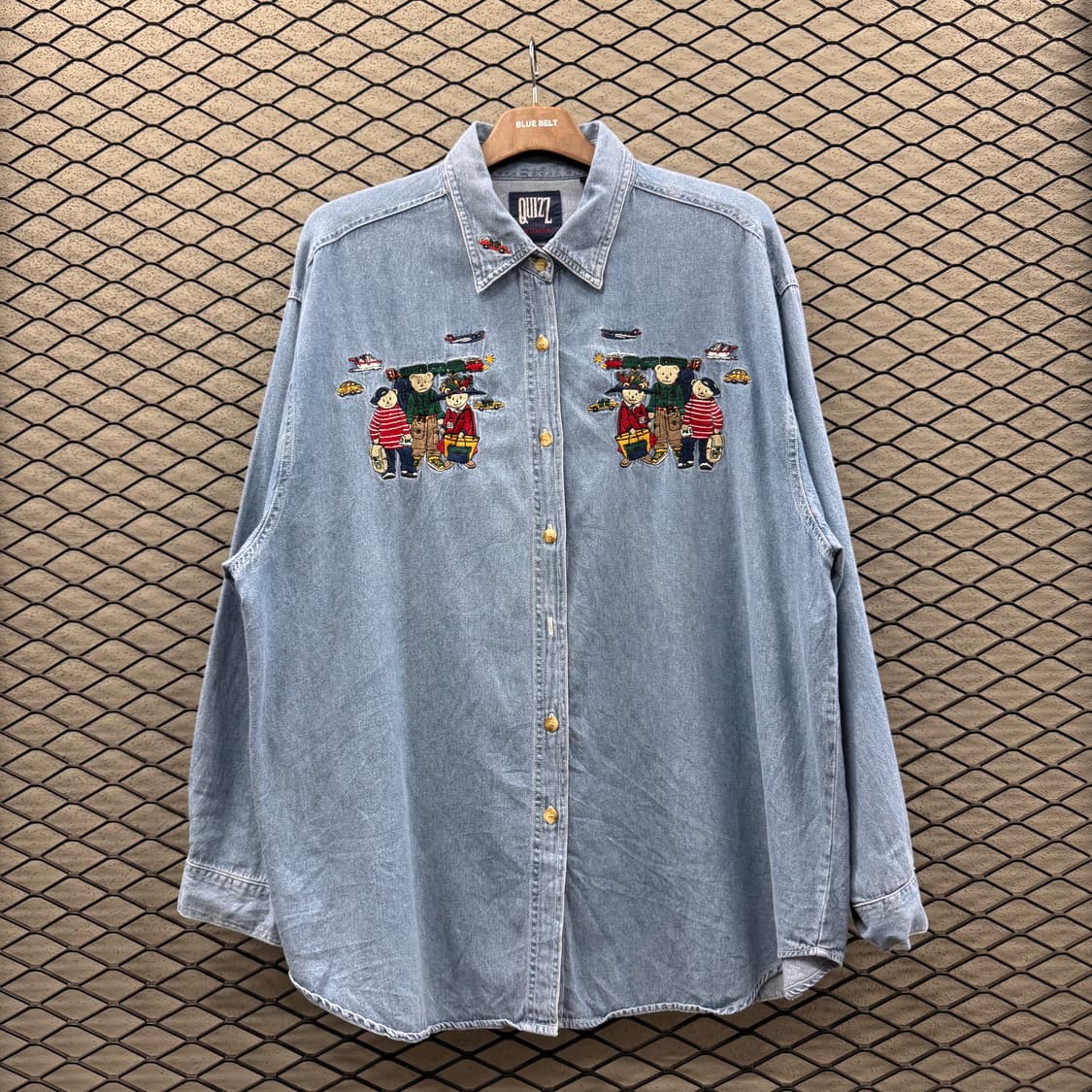 USA VINTAGE 긴팔 데님 셔츠 베어 자수 캐릭터 포인트 상품이미지2