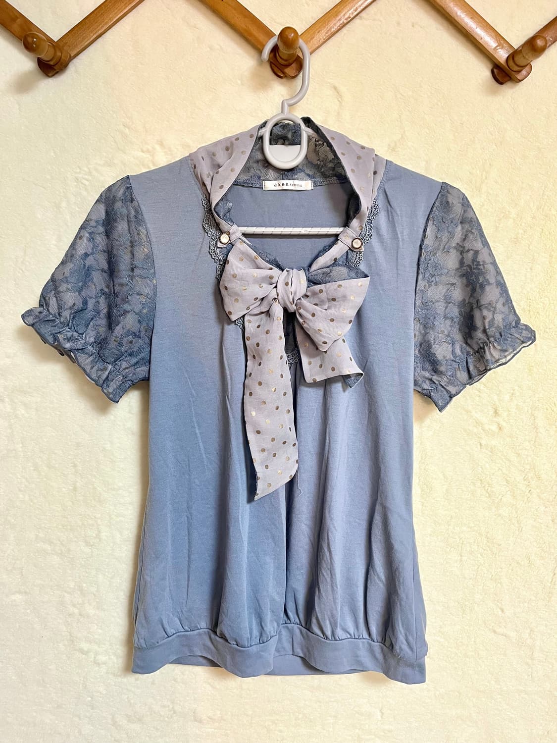 빈티지 엑시즈팜 도트 리본 반팔 블라우스 상품이미지1