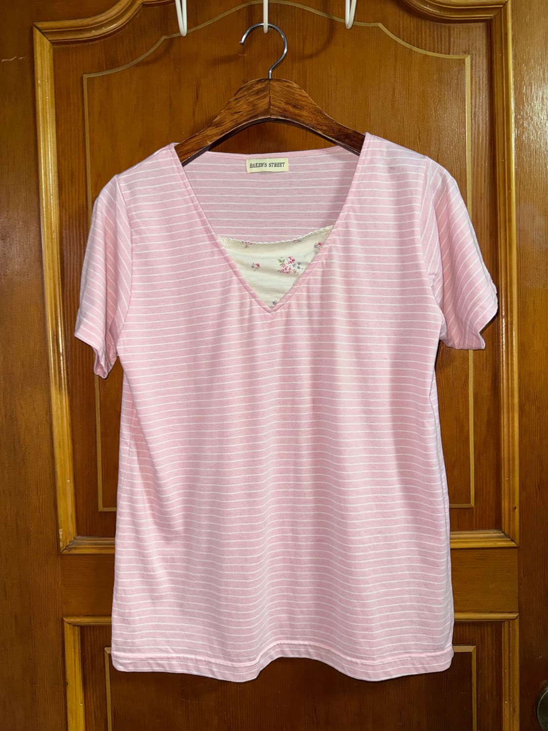 파스텔 핑크 스트라이프 티셔츠 & 플라워 가든 스커트 세트 상품이미지4