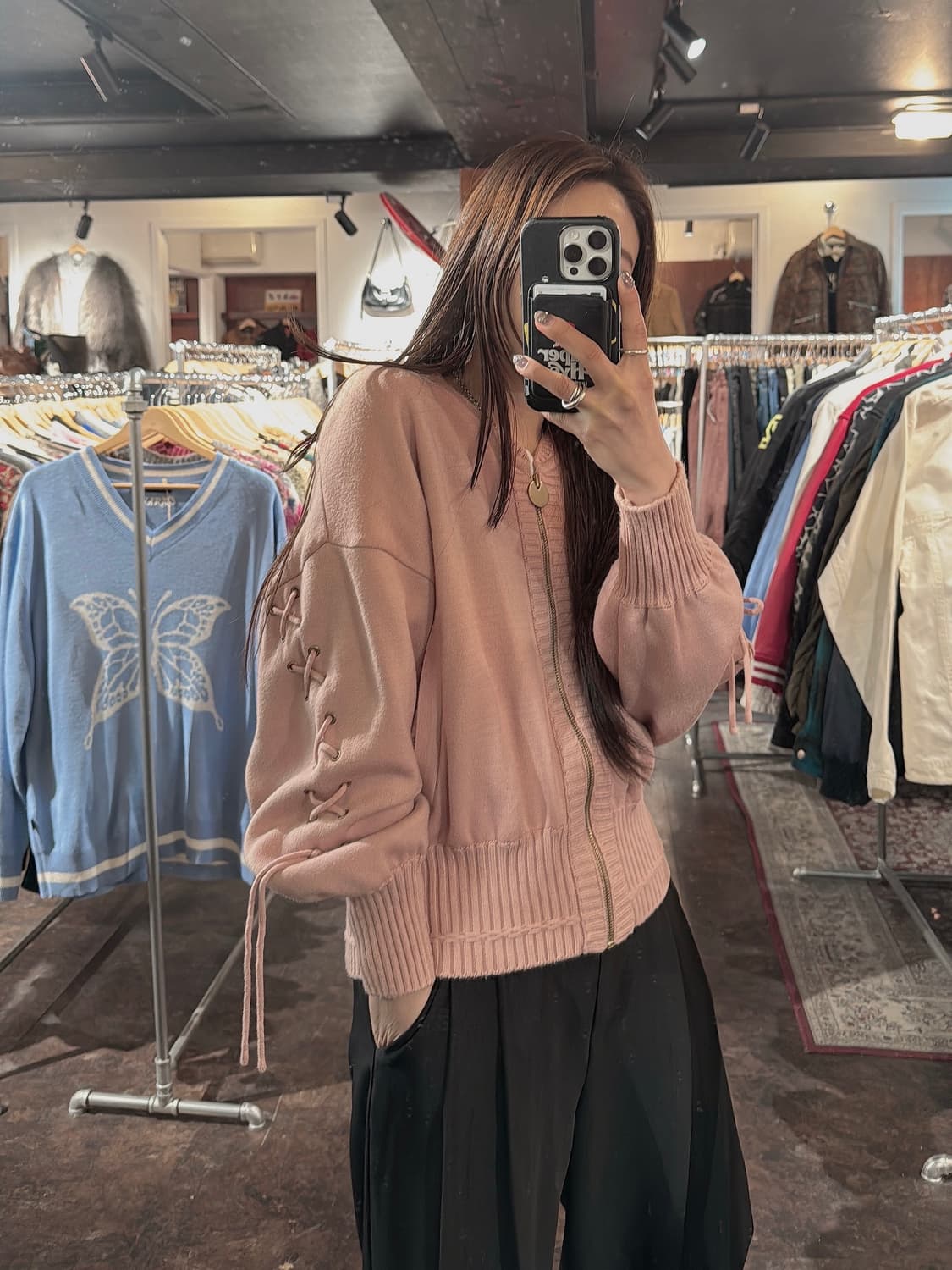 에고이스트 빈티지 스트랩 사선끈 핑크 벌룬 니트집업 가디건 F 상품이미지8