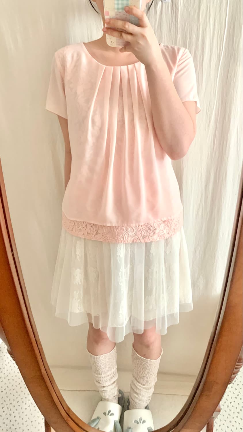 연핑크 레이스 레이어드 핀턱 블라우스 상품이미지2