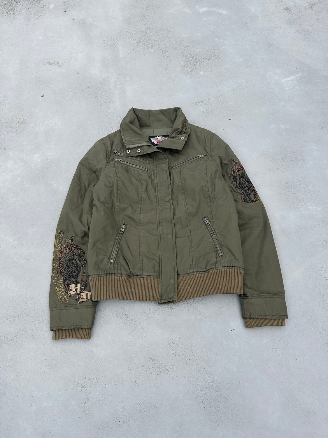 할리데이비슨 로고 자수 크롭 봄버자켓 올리브 카키 y2k 상품이미지1