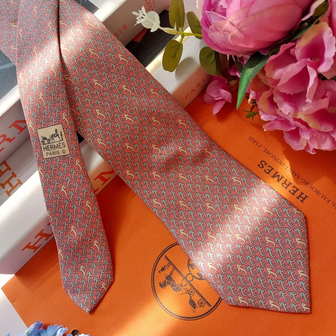 에르메스 실크 핑크 해마 모티브 넥타이 8.9cm B등급 K2497 상품이미지3
