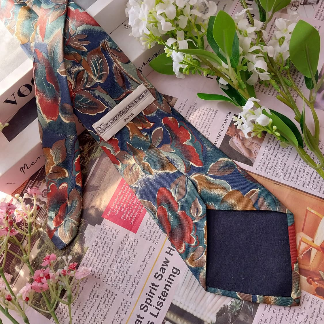 꾸레쥬 실크 그린 플로럴 아트 넥타이 9.4cm A등급 K1941 상품이미지3