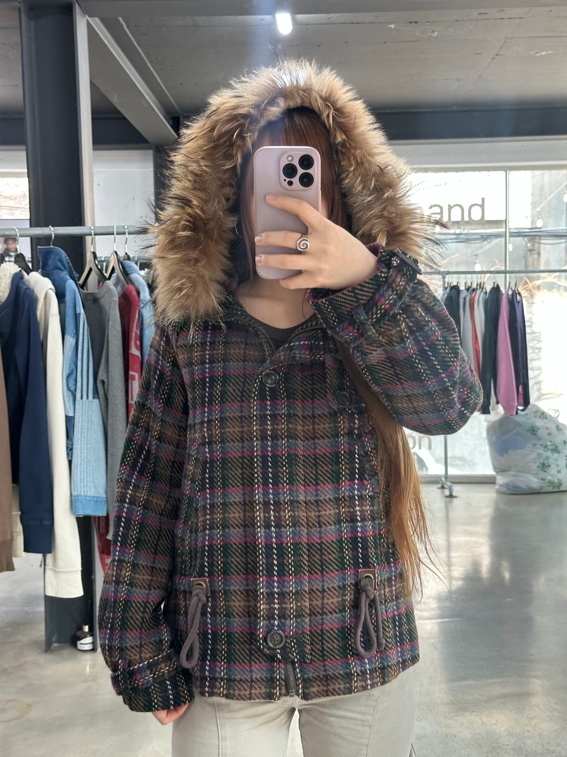 빈티지 갸루 버튼체크 퍼후드 숏코트자켓 상품이미지3