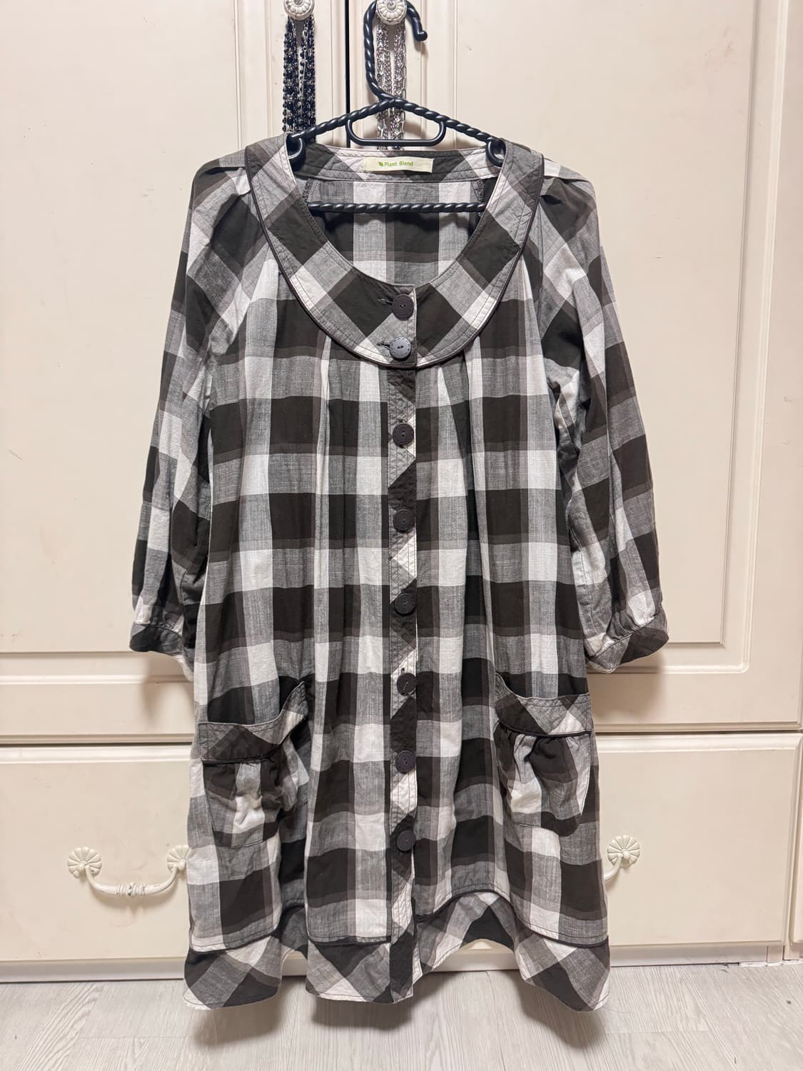 빈티지 모리걸 하구미 바선생 깅엄체크 긴팔 블라우스 티 상품이미지1