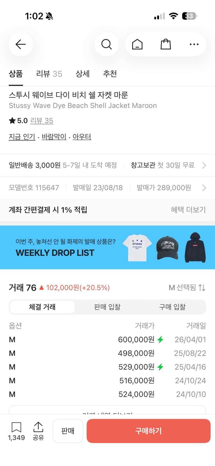 스투시 웨이브 다이 비치 쉘 자켓 마룬 상품이미지5