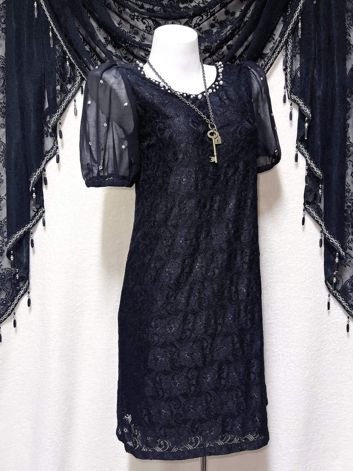 로맨틱고딕 고스 퍼프숄더 큐빅 블랙 레이스 드레스 원피스 다크페어리 핀터 상품이미지3