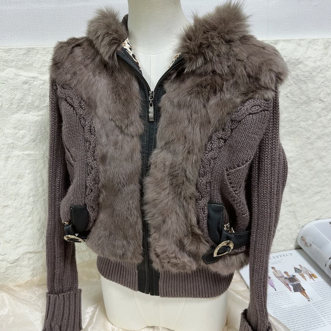 빈티지 보라 브라운 폭스 후드 꽈배기 캣츠아이 매듭  토끼털 니트자켓 상품이미지2